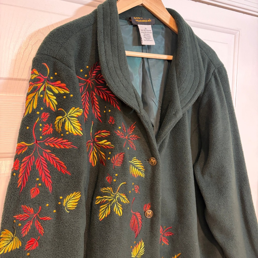 Bob Mackie Wearable Art Dark Green Fleece Leaf Embroidered Jacket Plus 1X